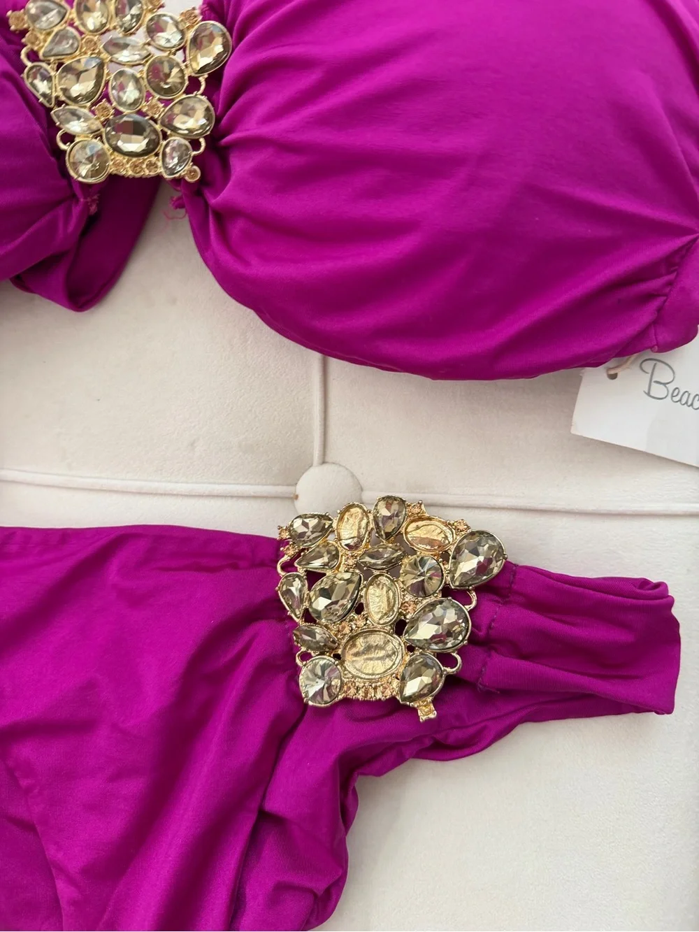 Beach Bunny Magenta Bandeau Bikini with Gold Gem Embellishments: read!